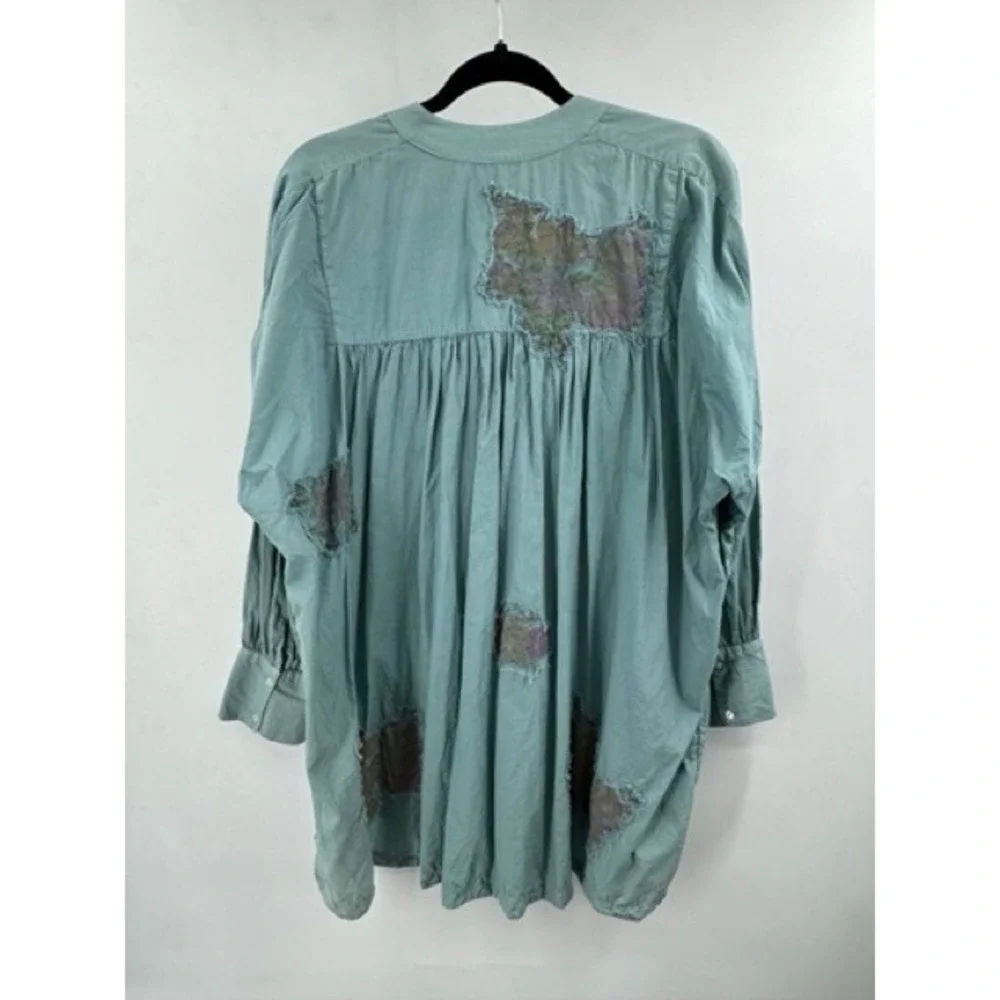 Free People Blue Floral Patch Pintuck Buttons Tunic Top SMALL Boho Cottage